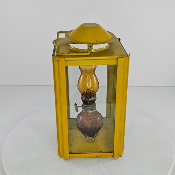 Vintage Square Yellow Square Lantern With Amber Hobanil Oil Lamp Hong Kong - Picture 3 of 6